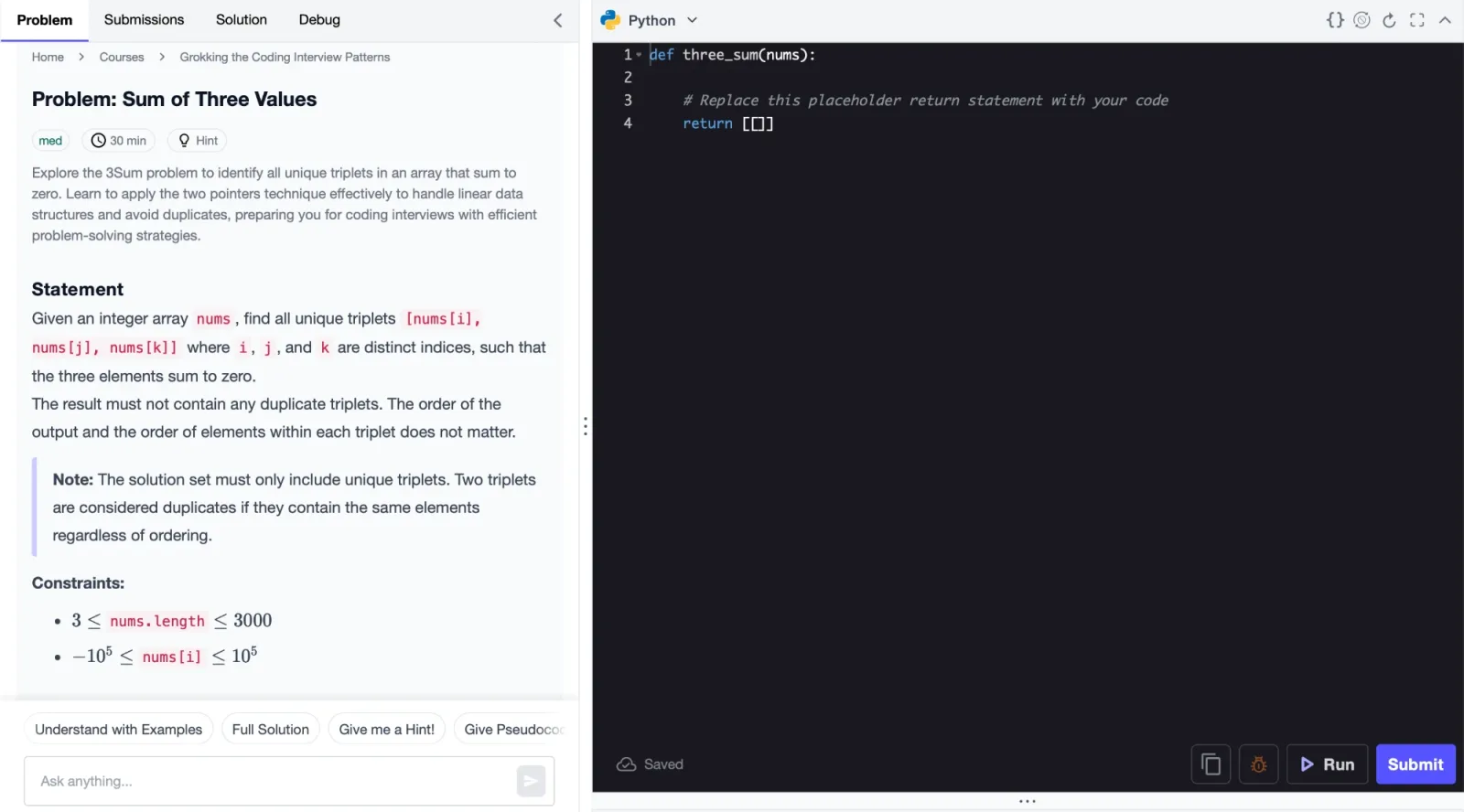 3Sum coding problem in Educative's browser editor with Python, Run and Submit buttons and AI help