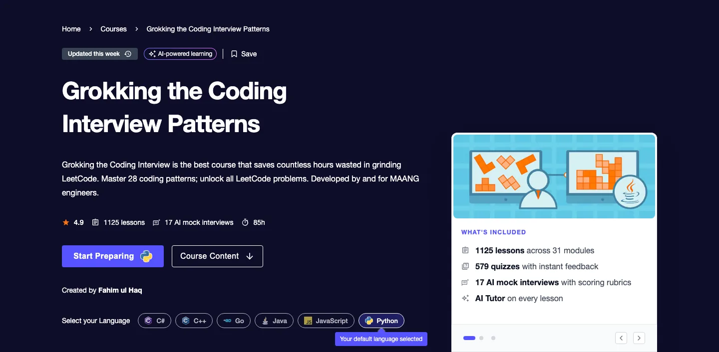 Grokking the Coding Interview Patterns course page on Educative with 1125 lessons, 85 hours and a 4.9 rating