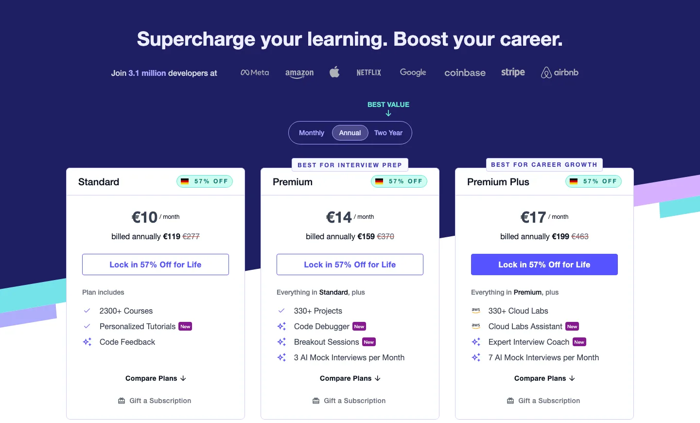 Educative annual plan prices: Standard 119 euros, Premium 159 euros, Premium Plus 199 euros at 57 percent off