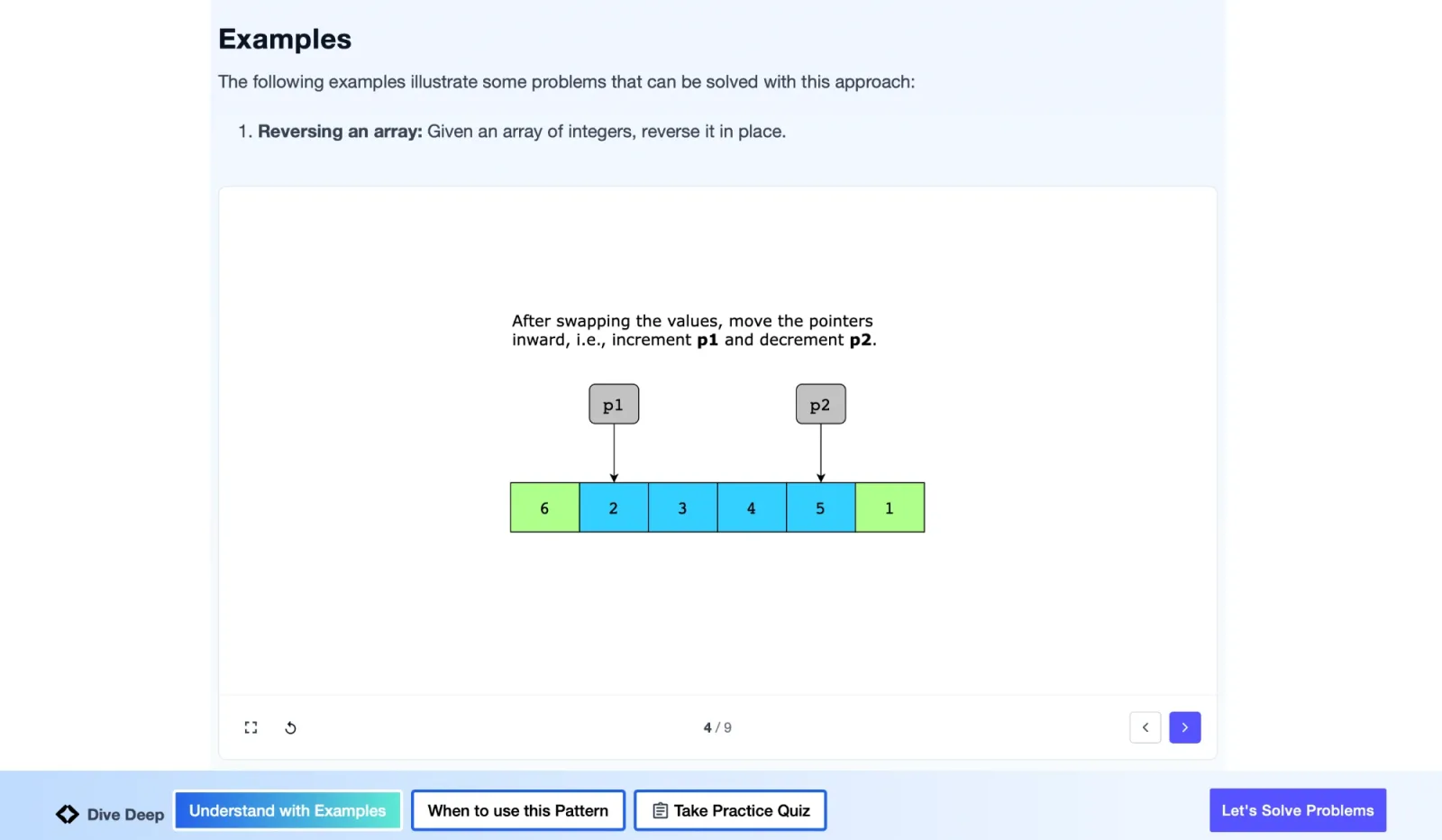 Step-by-step visualization of the two pointers pattern on Educative, reversing an array