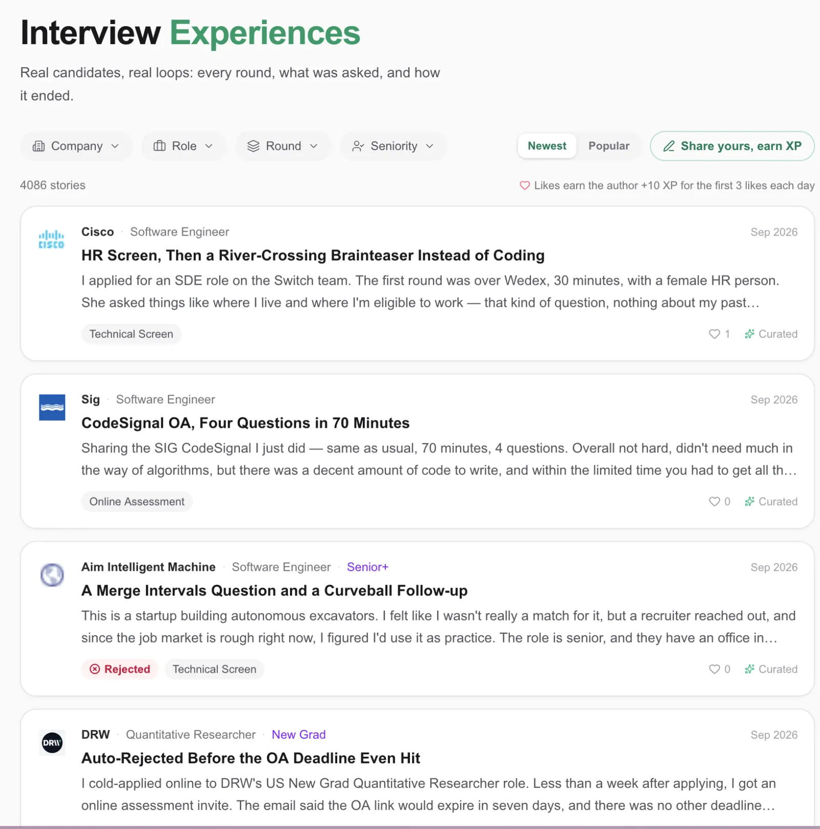 PracHub interview experiences with reports on Cisco, SIG, DRW and other companies